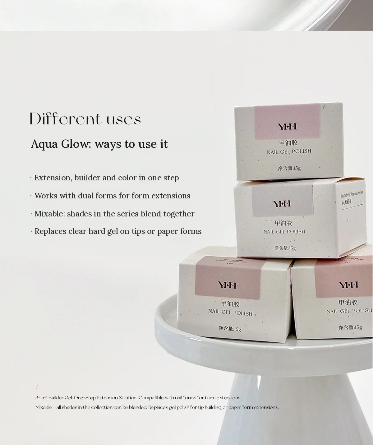 Four ways to use YHH Aqua Glow Extension Gel, shown with boxed jars
