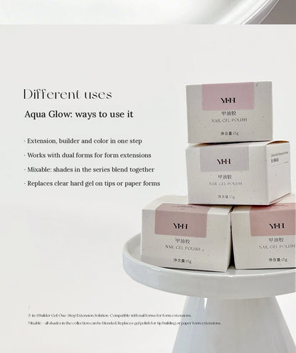 Four ways to use YHH Aqua Glow Extension Gel, shown with boxed jars
