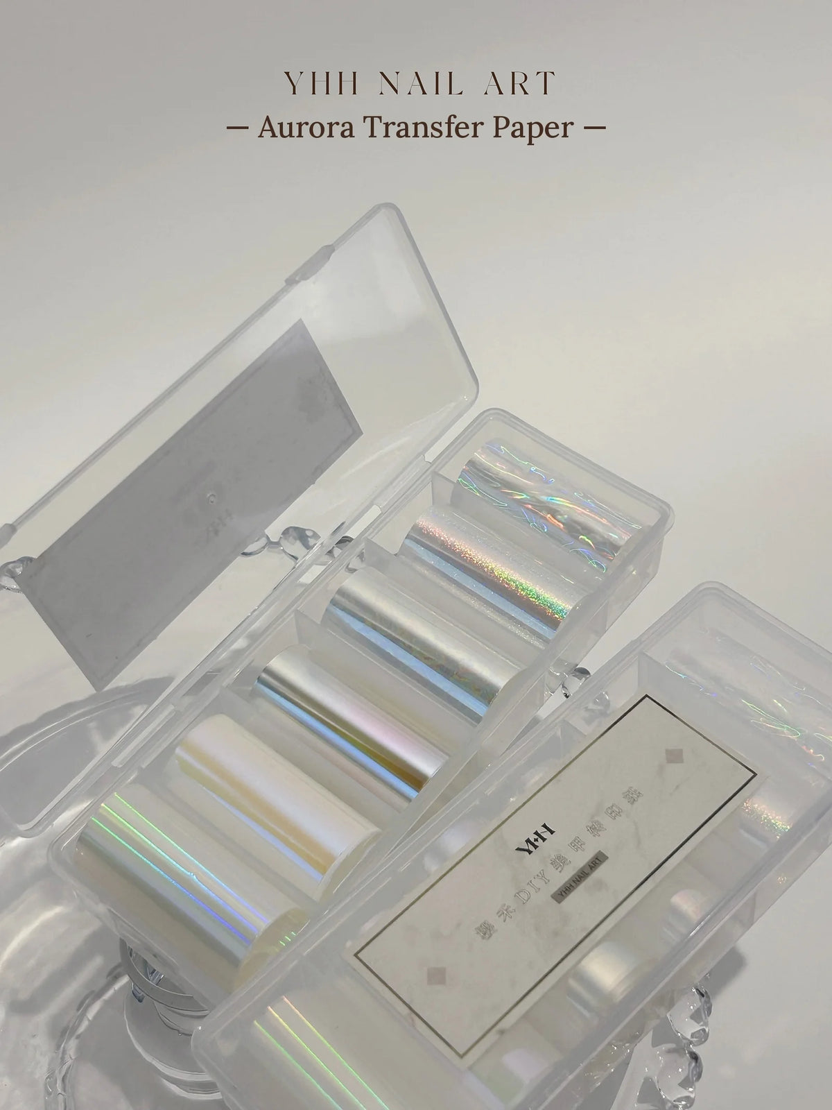 Open clear box of YHH aurora transfer paper rolls with English header
