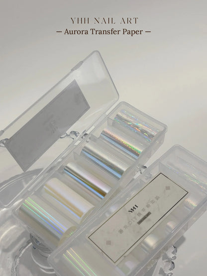 Open clear box of YHH aurora transfer paper rolls with English header