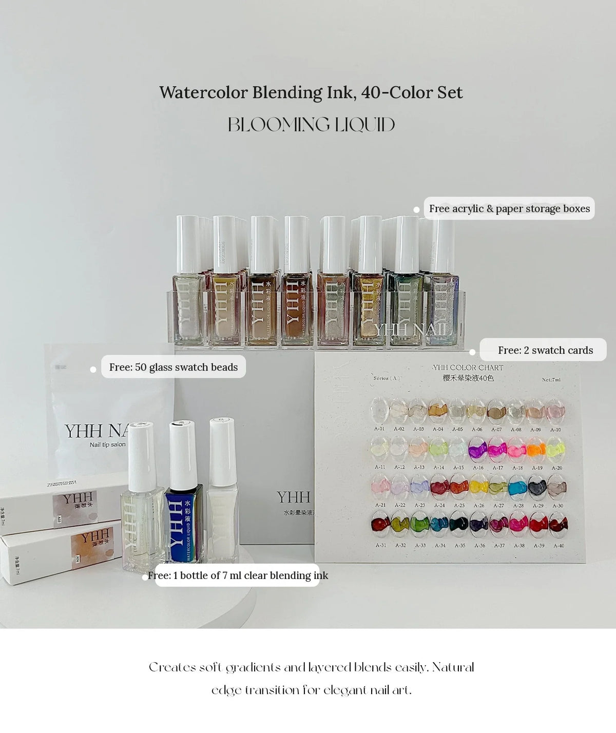 YHH 40-color blending ink set with acrylic storage box, swatch cards, glass beads and clear ink