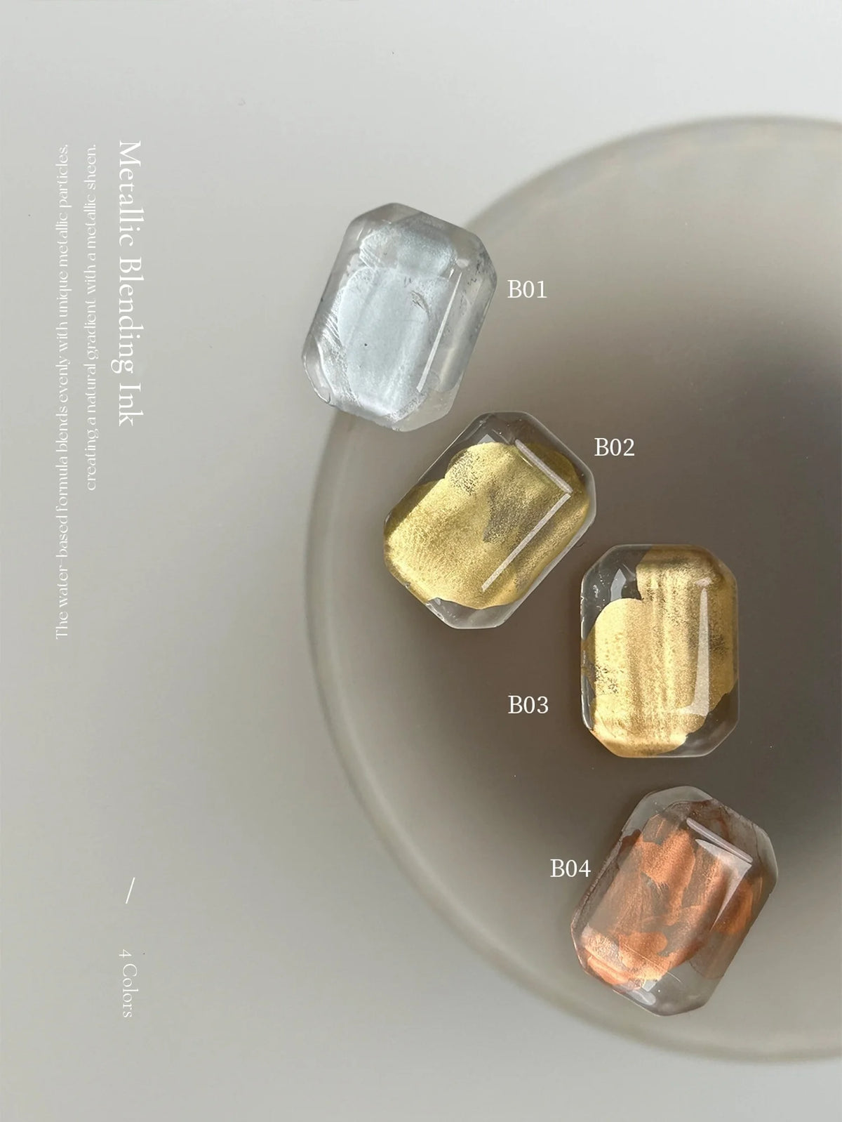 YHH metallic blending ink B01 to B04 on glass swatches