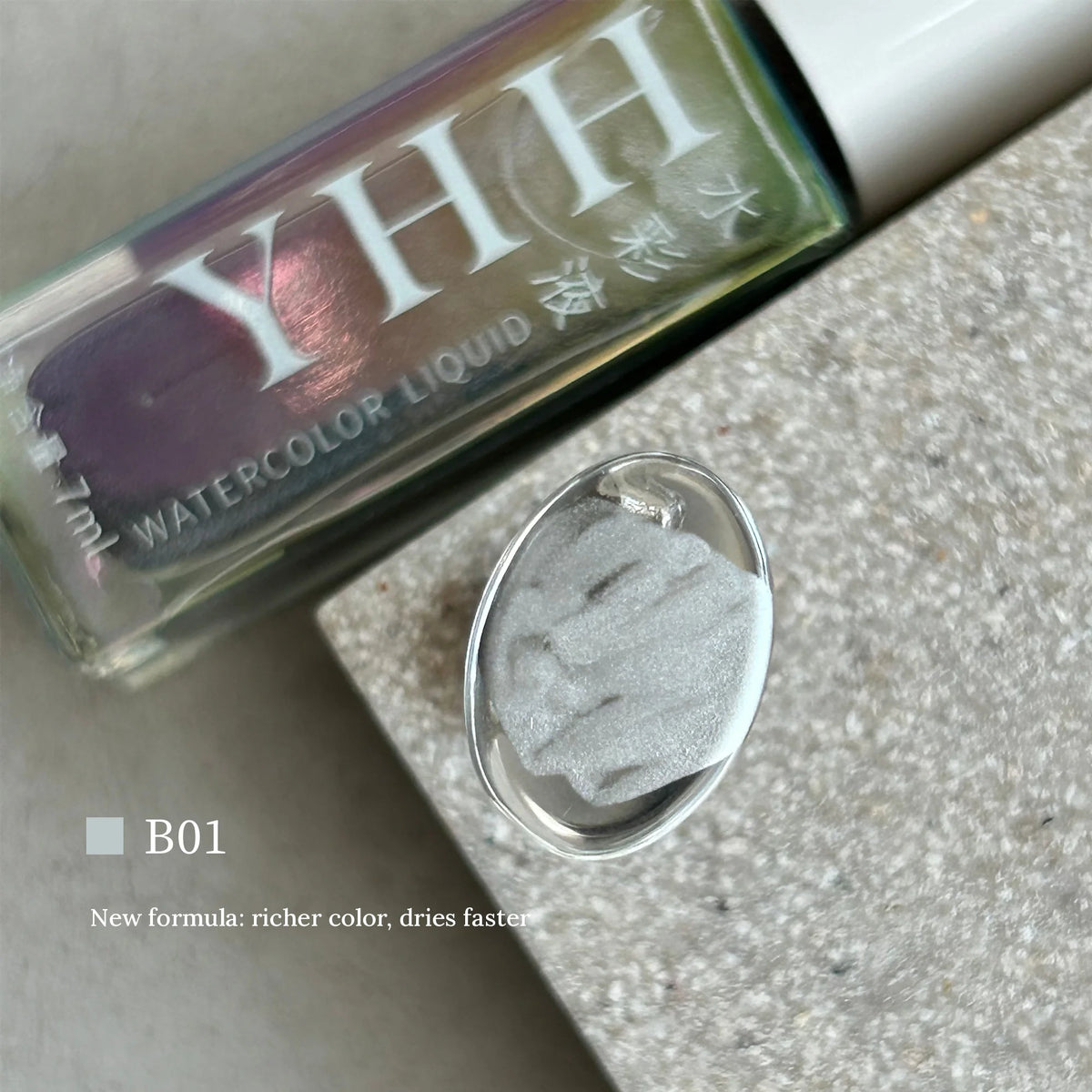 YHH metallic blending ink B01 bottle and glass swatch