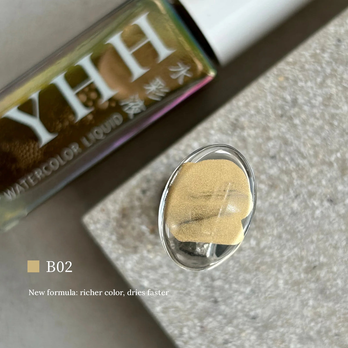 YHH metallic blending ink B02 bottle and glass swatch