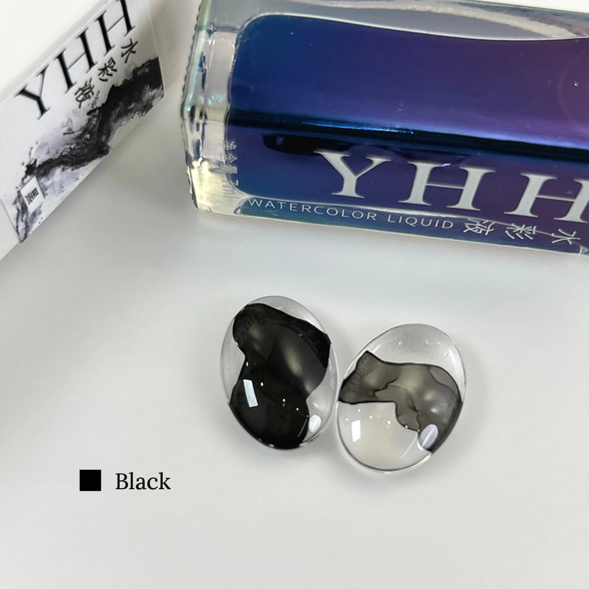 YHH black blending ink bottle and glass swatches