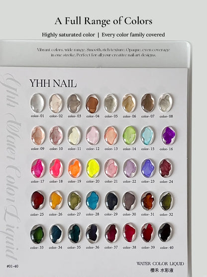 YHH blending ink color chart showing all 40 shades A01 to A40 on glass swatches