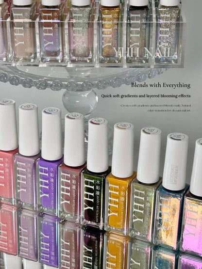 Rows of YHH blending ink bottles with iridescent laser-effect labels