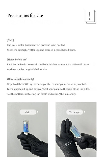YHH blending ink precautions card with how to shake the bottle
