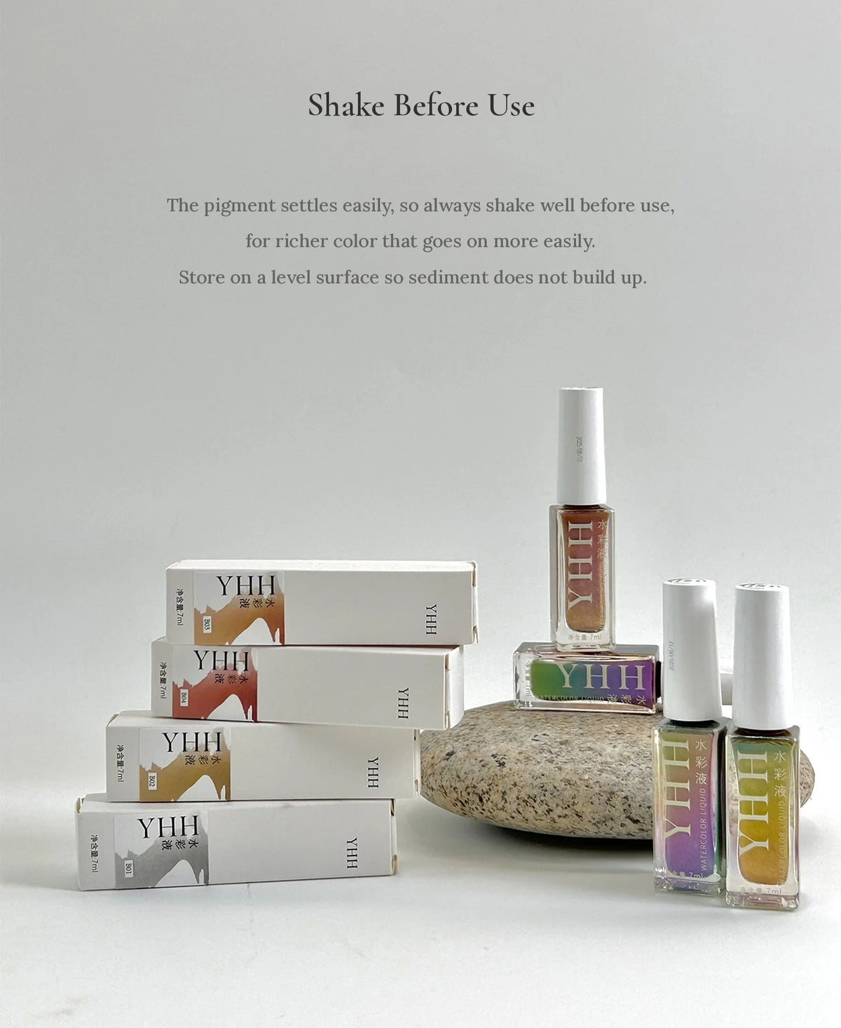YHH blending ink bottles and boxes with shake-before-use instructions