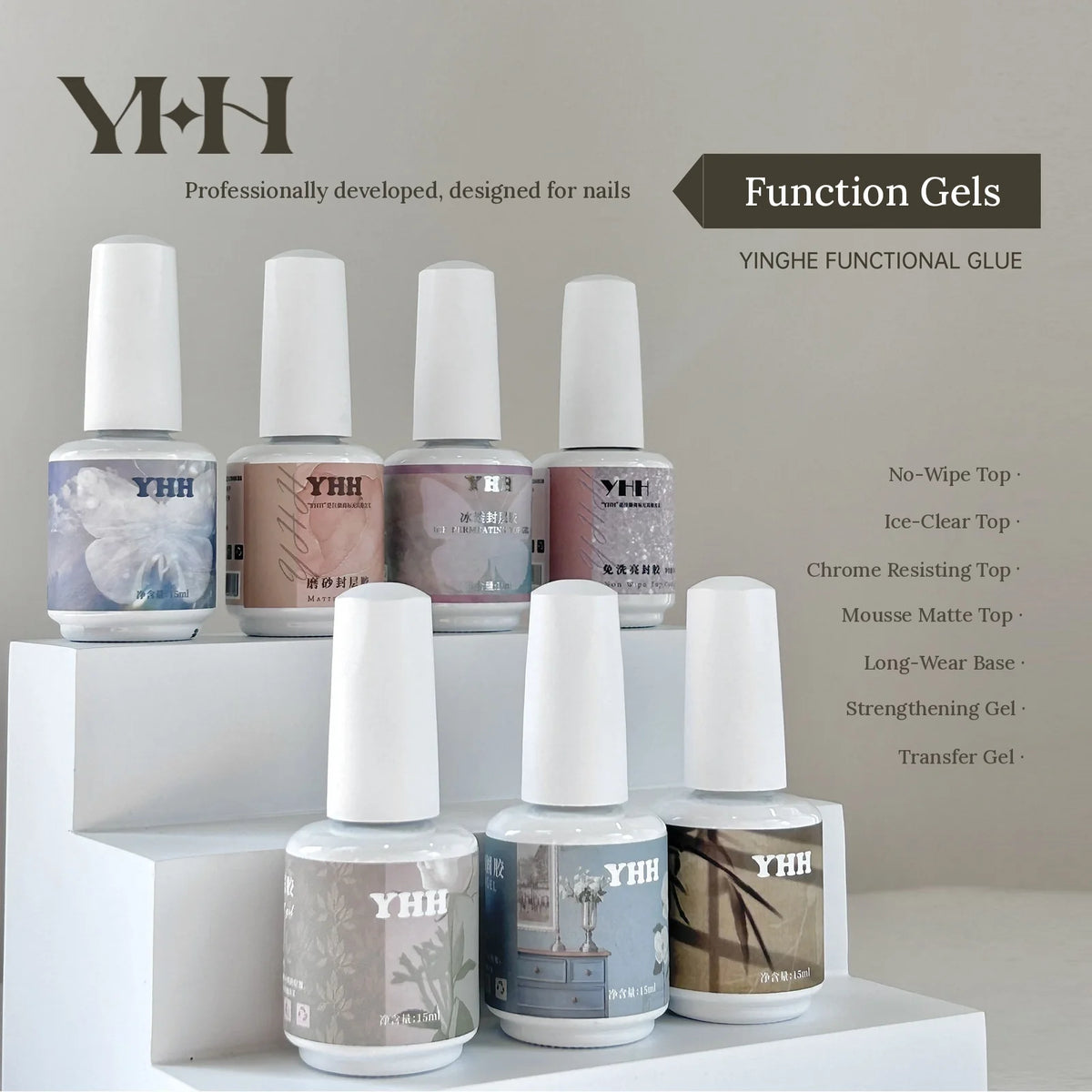 YHH bottled function gel range: no-wipe, ice-clear, chrome resisting, mousse matte, base, strengthening, transfer