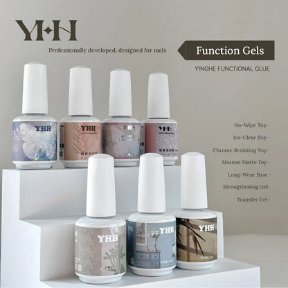 YHH bottled function gel range: no-wipe, ice-clear, chrome resisting, mousse matte, base, strengthening, transfer