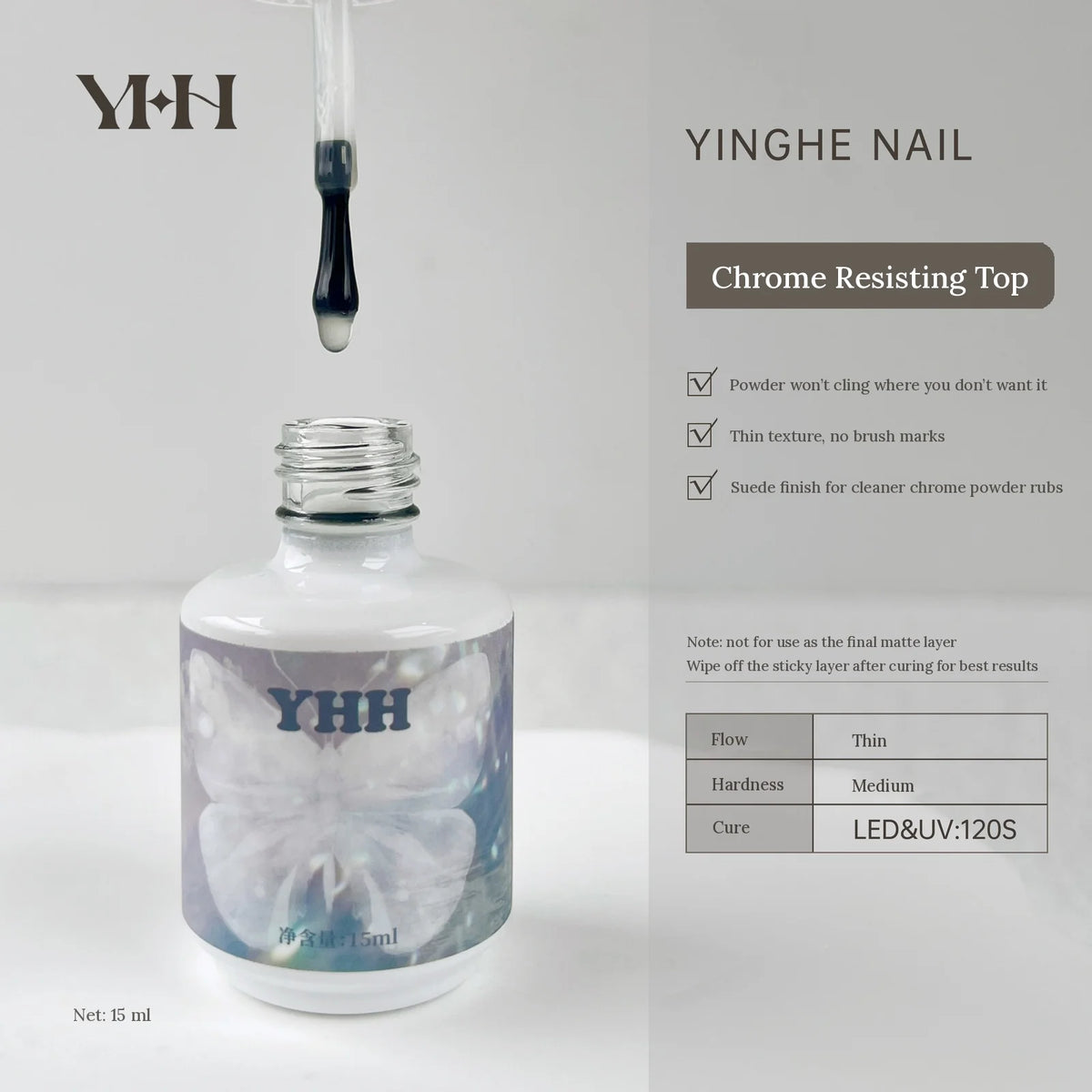 YHH Chrome Resisting Top Coat 15 ml bottle, matte top for chrome powder work