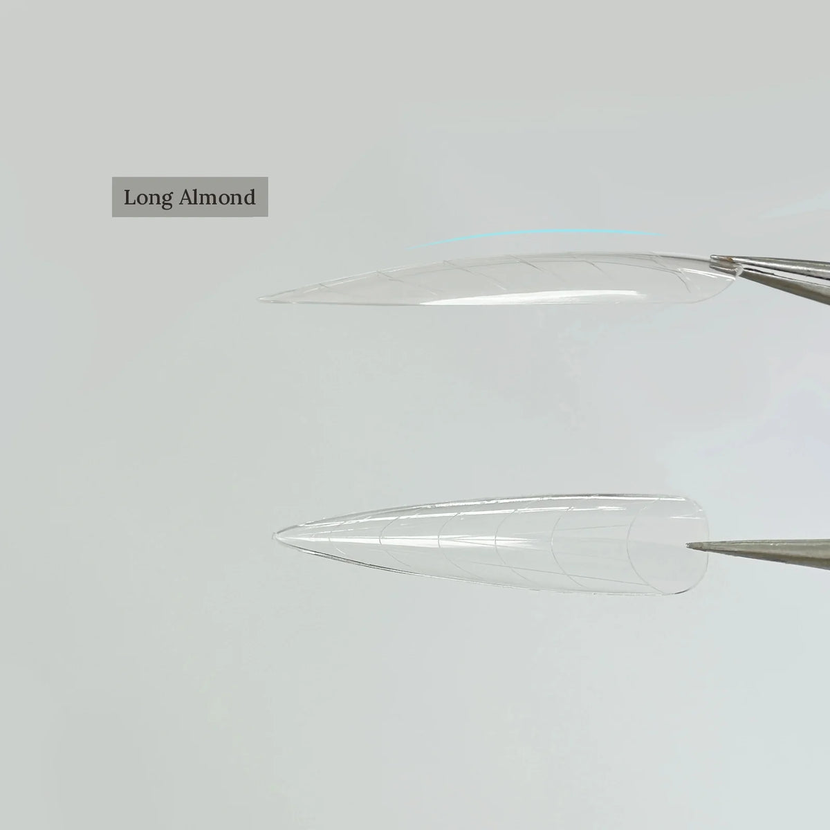 YHH clear dual nail forms, Long Almond shape, held with tweezers