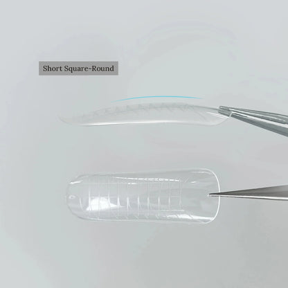 YHH clear dual nail forms, Short Square-Round shape, held with tweezers