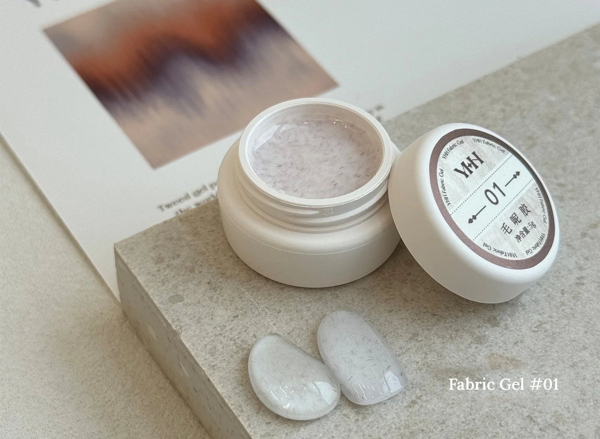 YHH Fabric Gel #01 Pearl White tweed-effect gel jar with swatches