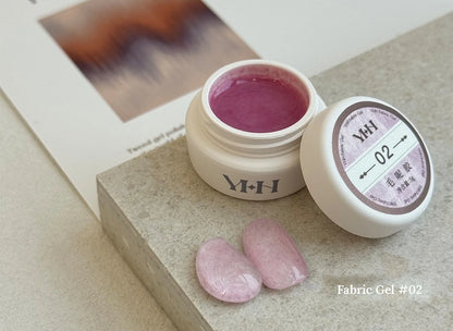 YHH Fabric Gel #02 Rose Pink tweed-effect gel jar with swatches