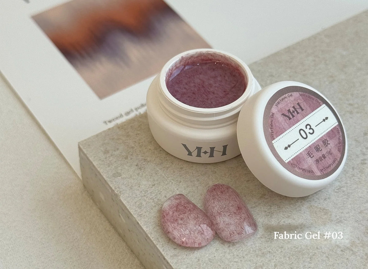 YHH Fabric Gel #03 Dusty Mauve tweed-effect gel jar with swatches