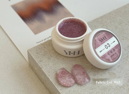 YHH Fabric Gel #03 Dusty Mauve tweed-effect gel jar with swatches