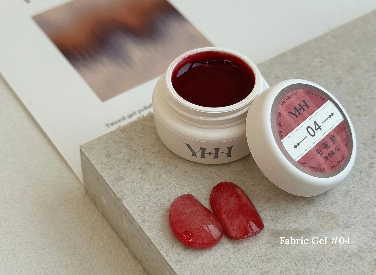 YHH Fabric Gel #04 Cherry Red tweed-effect gel jar with swatches
