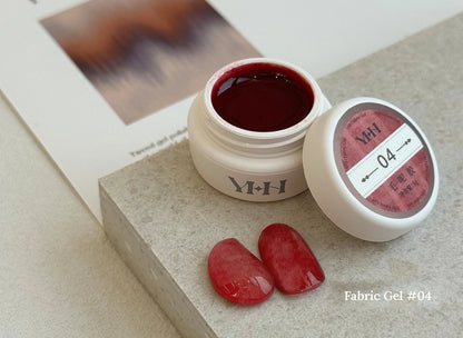 YHH Fabric Gel #04 Cherry Red tweed-effect gel jar with swatches