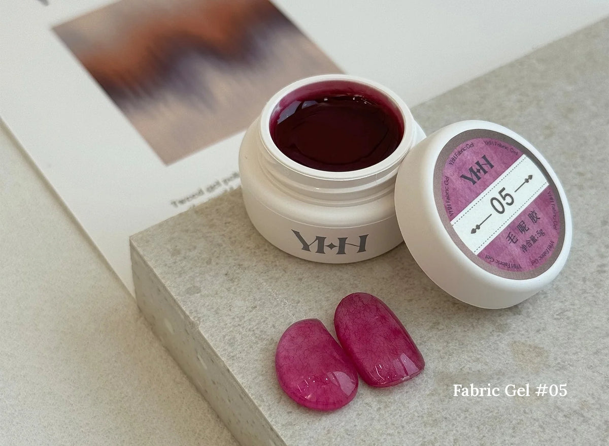 YHH Fabric Gel #05 Fuchsia tweed-effect gel jar with swatches
