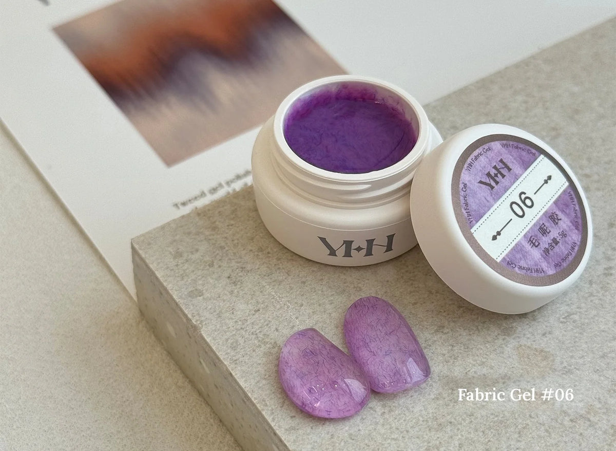YHH Fabric Gel #06 Lilac tweed-effect gel jar with swatches
