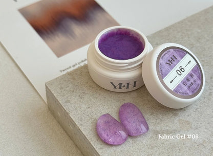 YHH Fabric Gel #06 Lilac tweed-effect gel jar with swatches