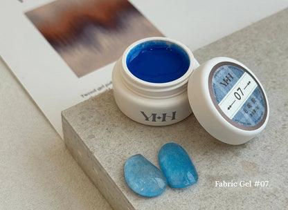 YHH Fabric Gel #07 Cobalt Blue tweed-effect gel jar with swatches