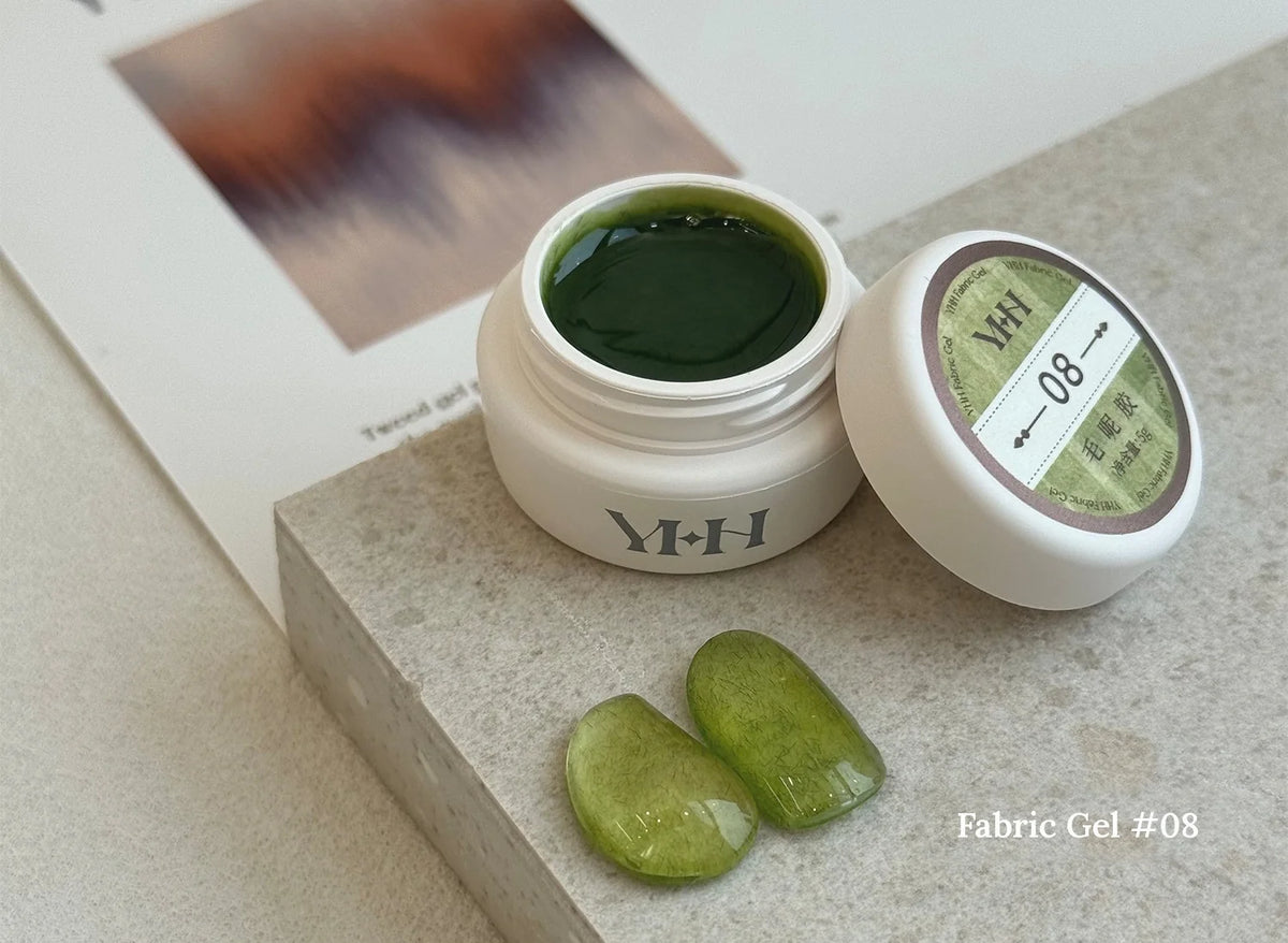 YHH Fabric Gel #08 Olive Green tweed-effect gel jar with swatches