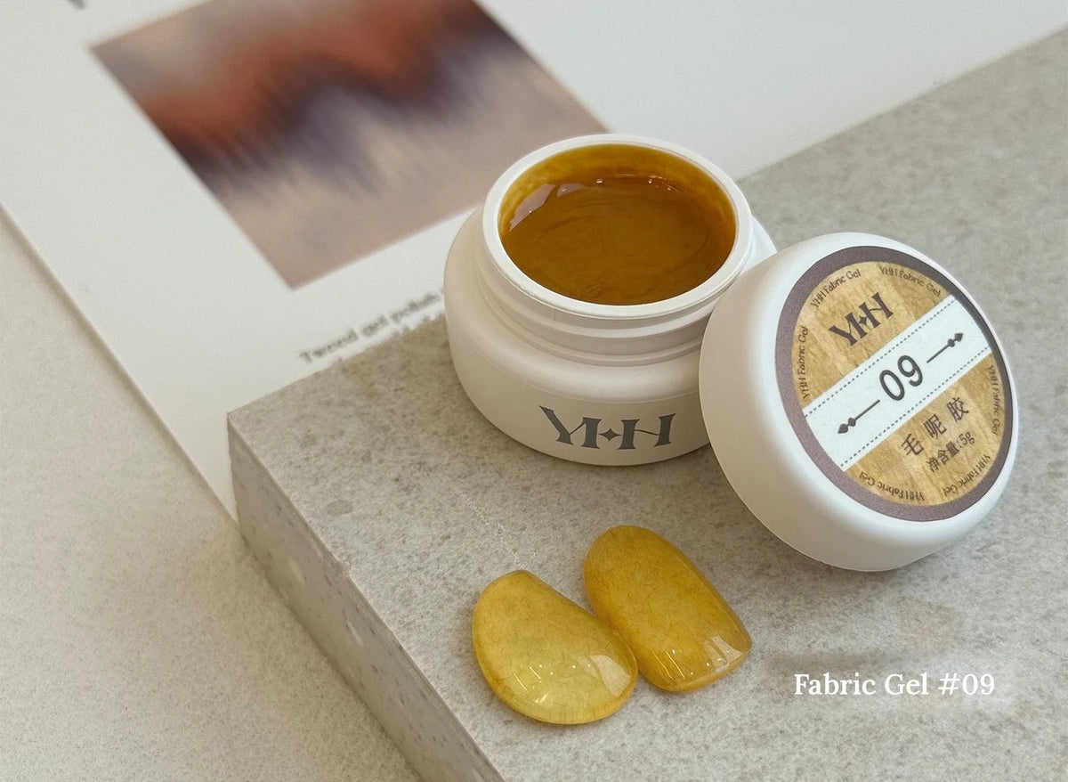 YHH Fabric Gel #09 Mustard tweed-effect gel jar with swatches