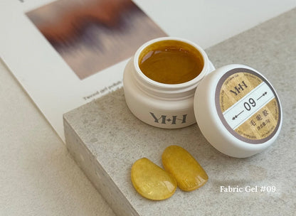 YHH Fabric Gel #09 Mustard tweed-effect gel jar with swatches