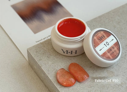 YHH Fabric Gel #10 Tangerine tweed-effect gel jar with swatches