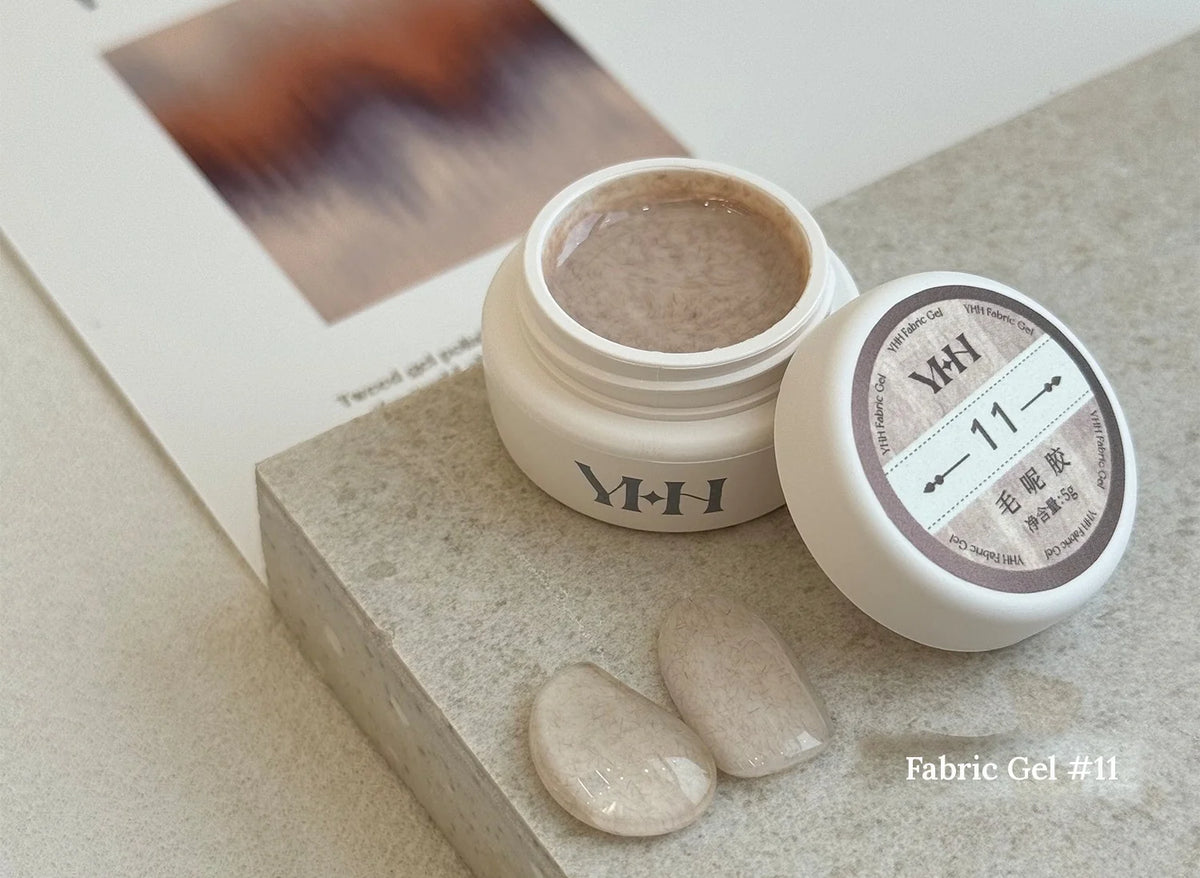 YHH Fabric Gel #11 Champagne tweed-effect gel jar with swatches