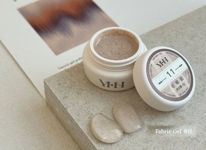 YHH Fabric Gel #11 Champagne tweed-effect gel jar with swatches