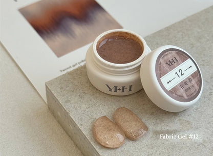 YHH Fabric Gel #12 Caramel tweed-effect gel jar with swatches