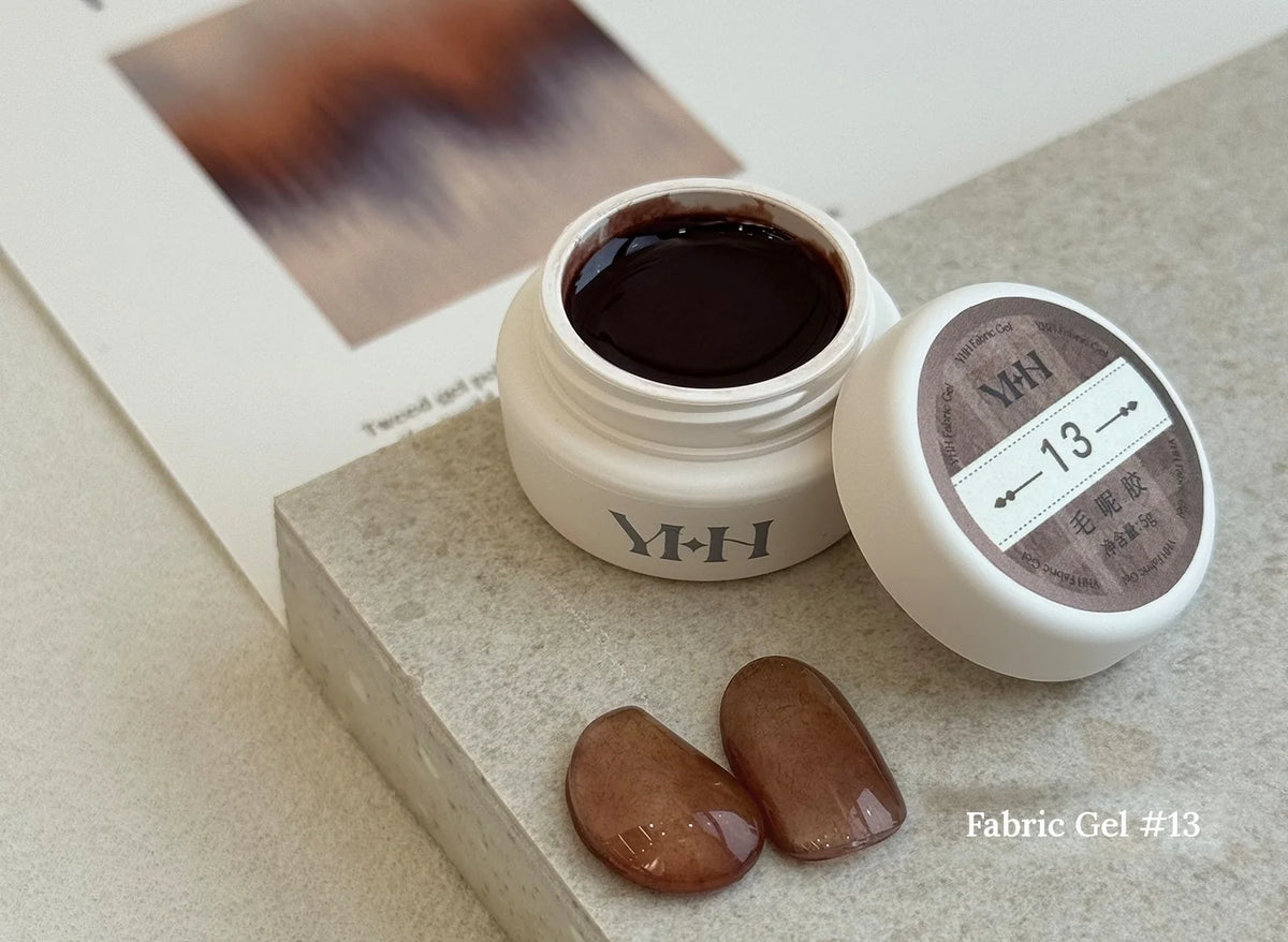 YHH Fabric Gel #13 Cocoa Brown tweed-effect gel jar with swatches