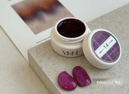 YHH Fabric Gel #14 Magenta Plum tweed-effect gel jar with swatches