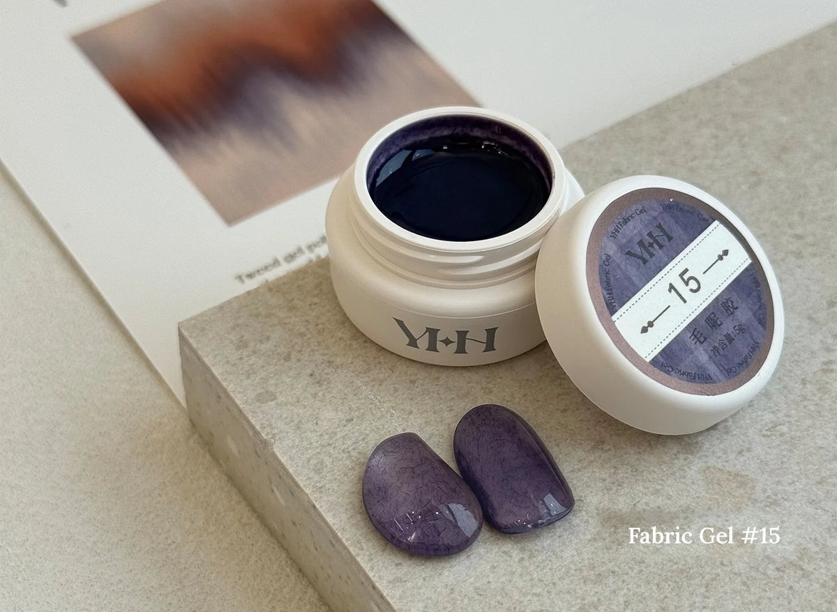 YHH Fabric Gel #15 Smoky Violet tweed-effect gel jar with swatches