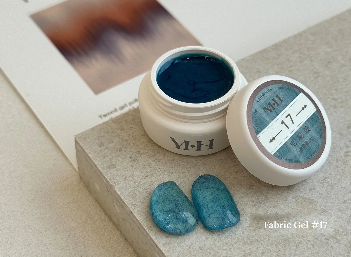 YHH Fabric Gel #17 Teal tweed-effect gel jar with swatches