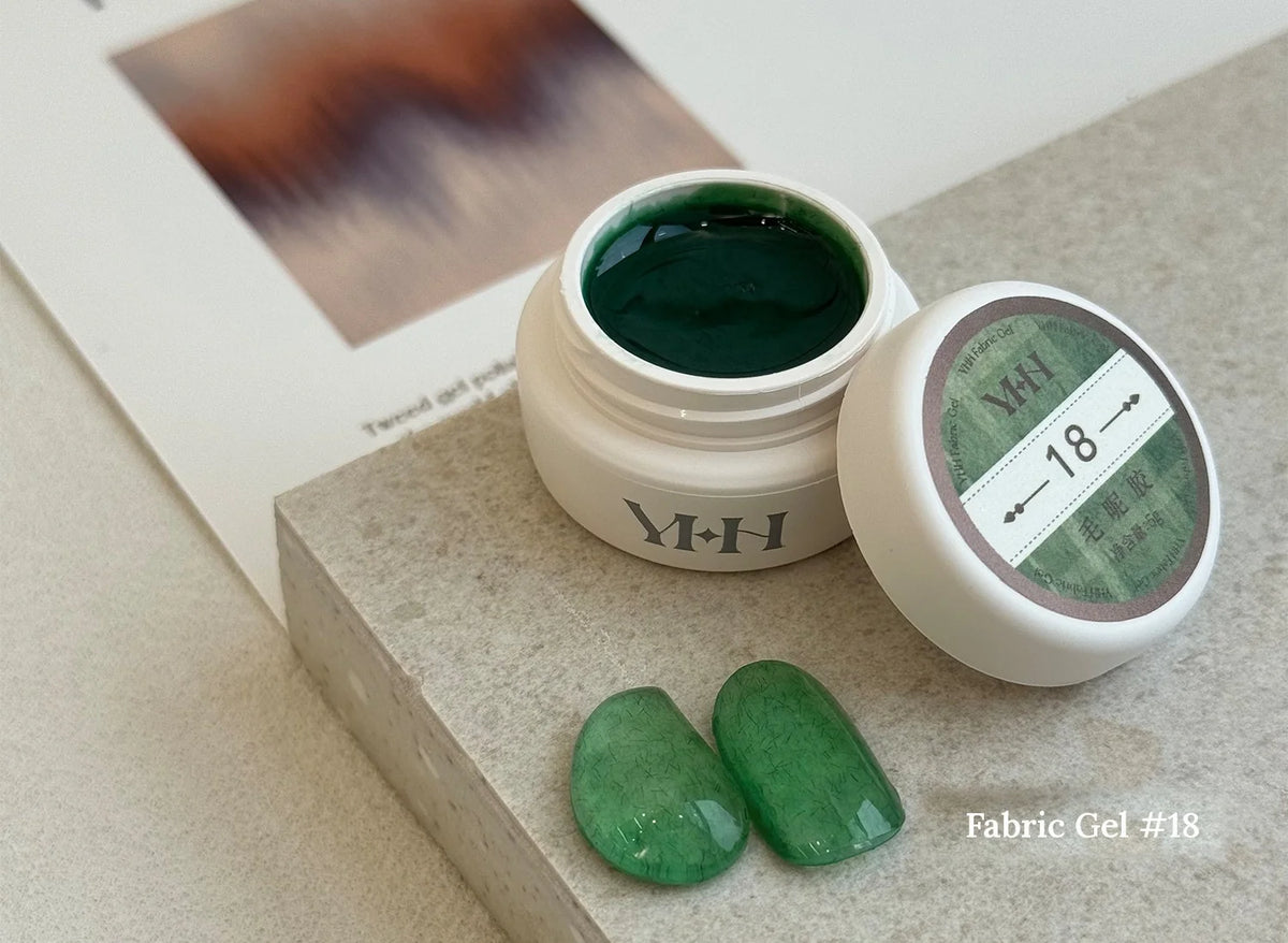 YHH Fabric Gel #18 Emerald tweed-effect gel jar with swatches