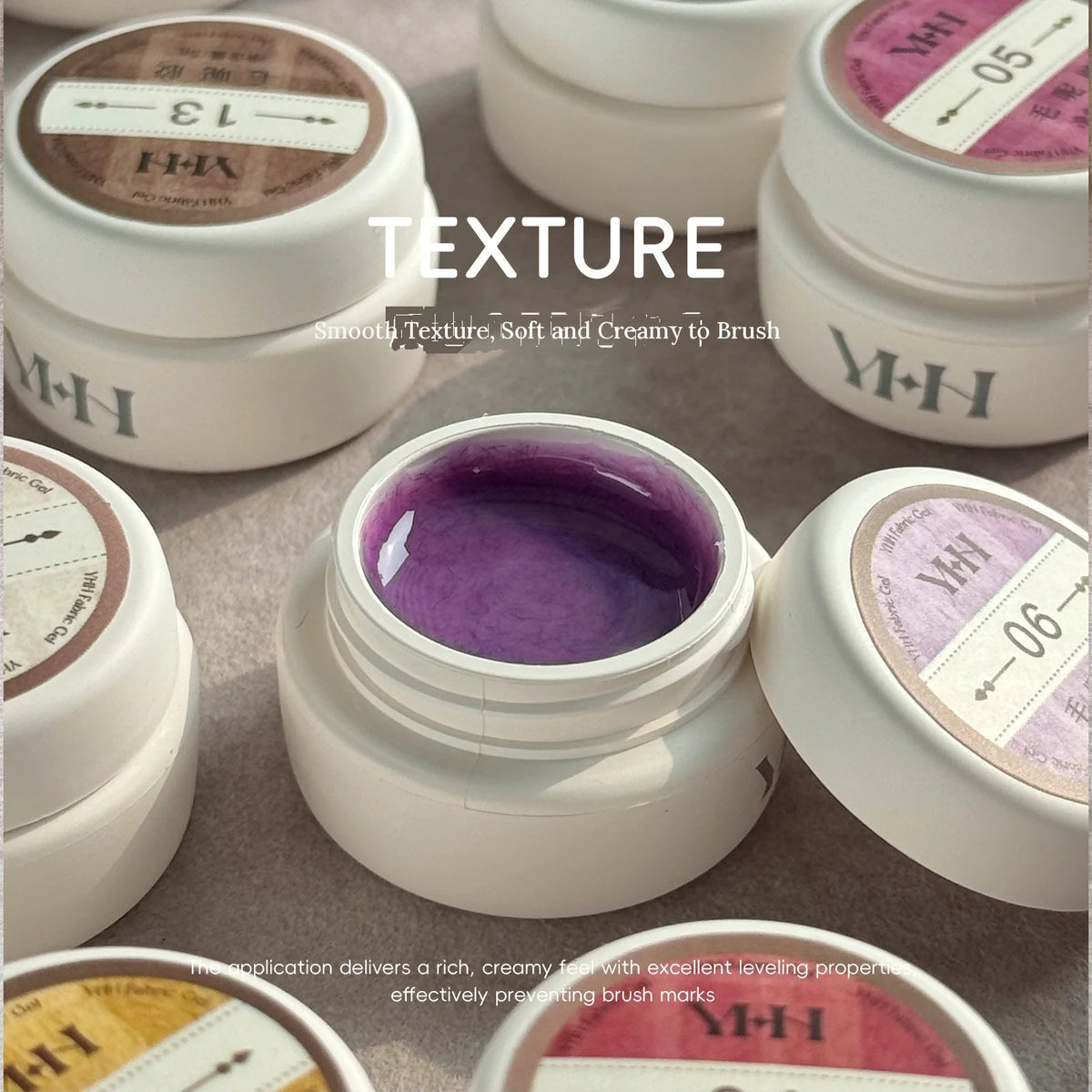YHH Fabric Gel jar showing smooth, creamy tweed-effect texture