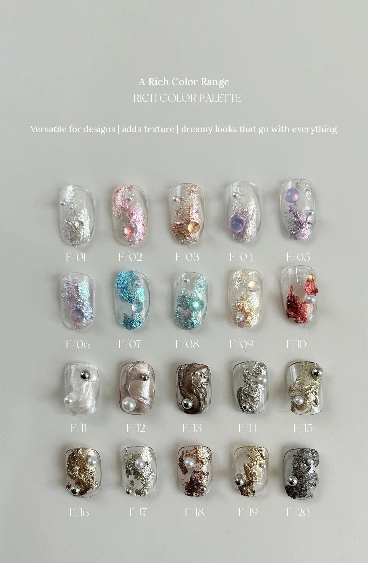 YHH fairy powder paste 20-shade color range on textured nail tips