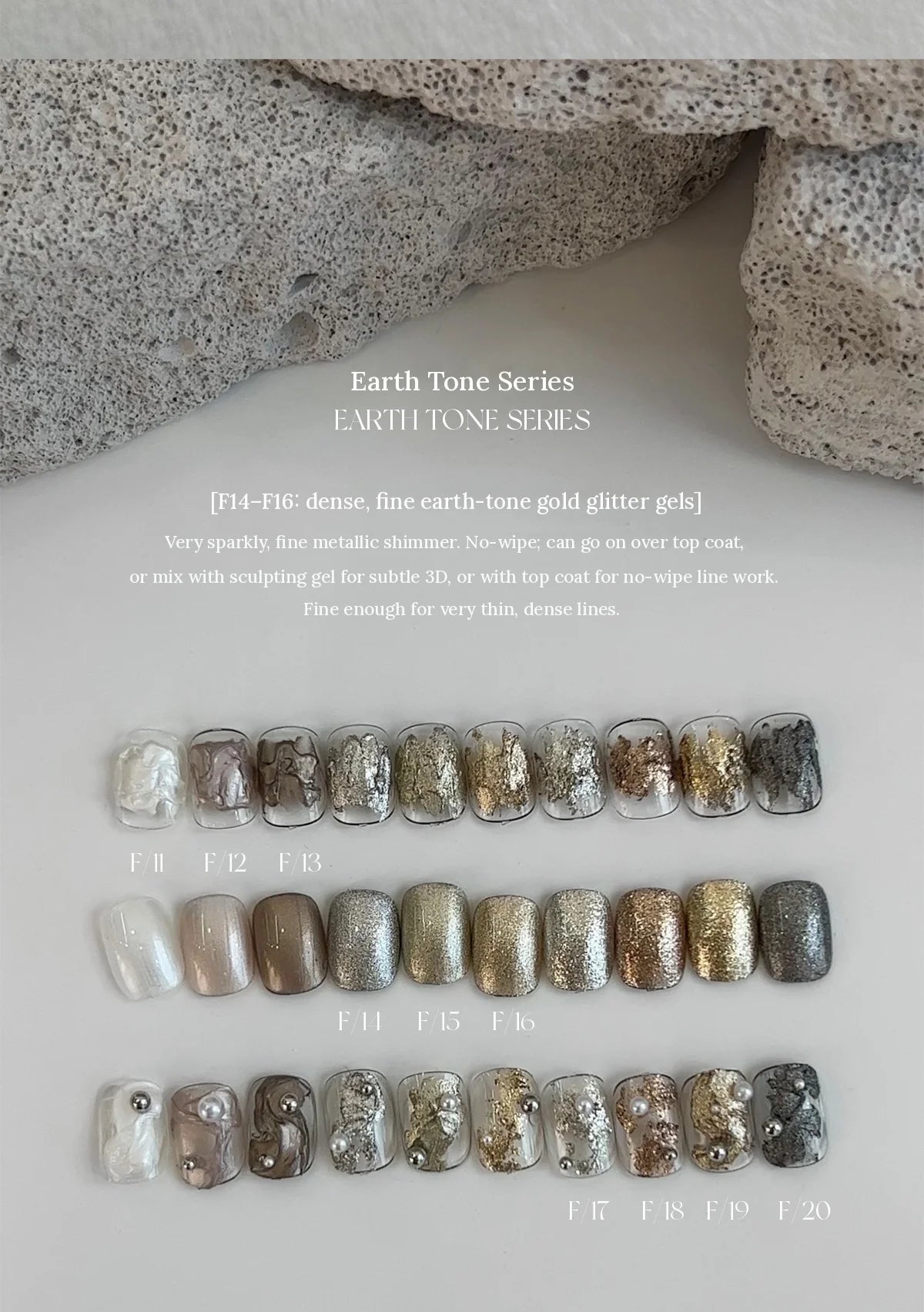 YHH earth tone fairy powder paste F11–F20 on nail tips