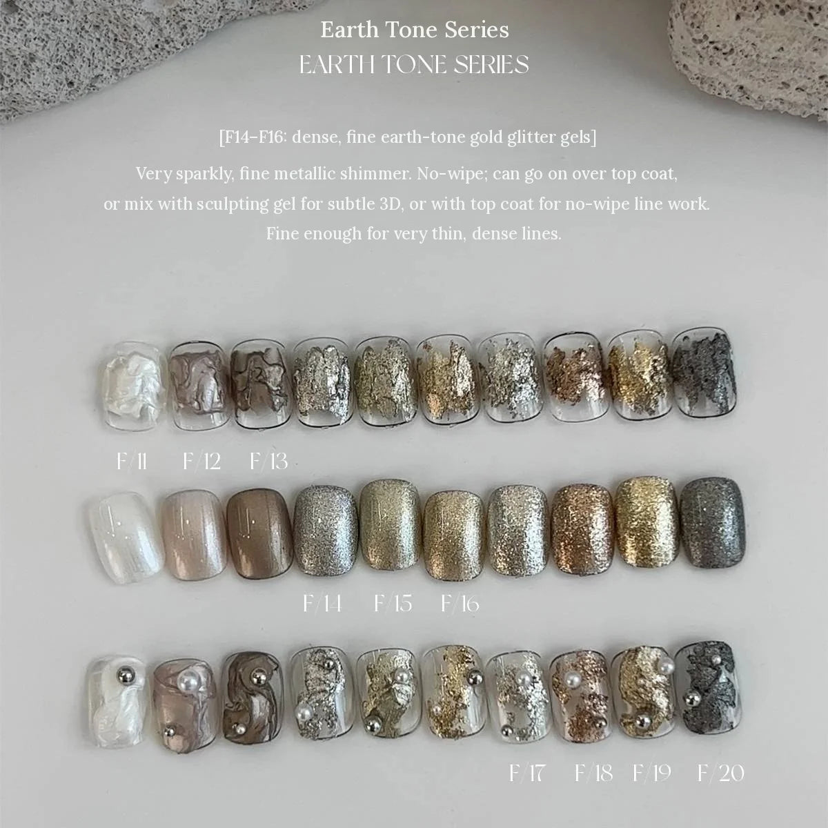 YHH fairy powder paste earth tone series F11–F20 on nail tips
