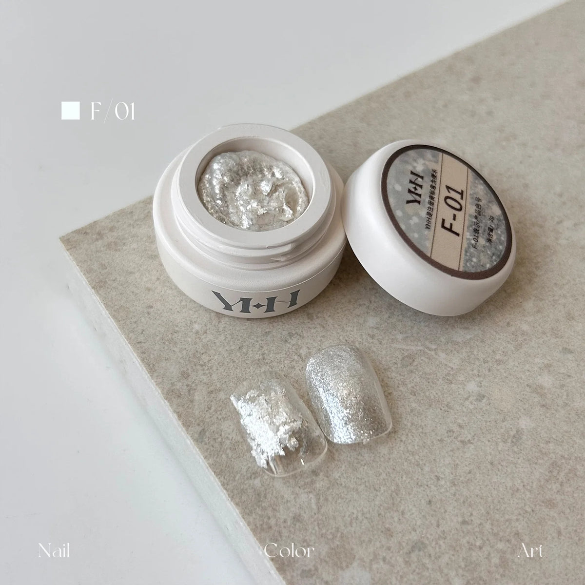 YHH fairy powder sculpting paste F01 Silver Opal jar with swatch nails