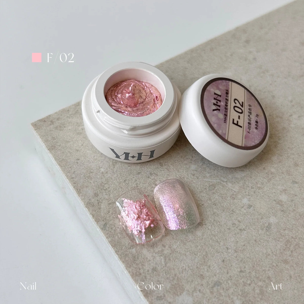 YHH fairy powder sculpting paste F02 Pink Opal jar with swatch nails