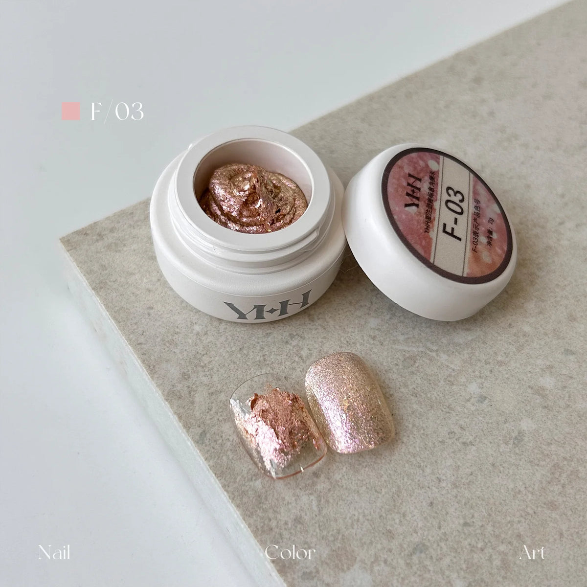 YHH fairy powder sculpting paste F03 Rose Copper Opal jar with swatch nails