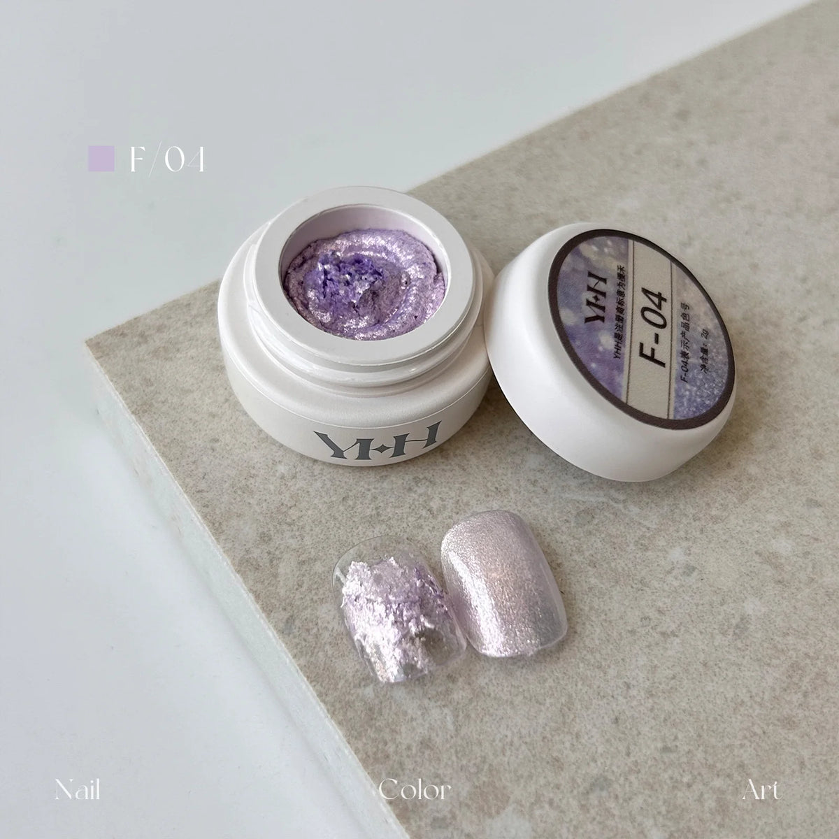 YHH fairy powder sculpting paste F04 Lilac Opal jar with swatch nails