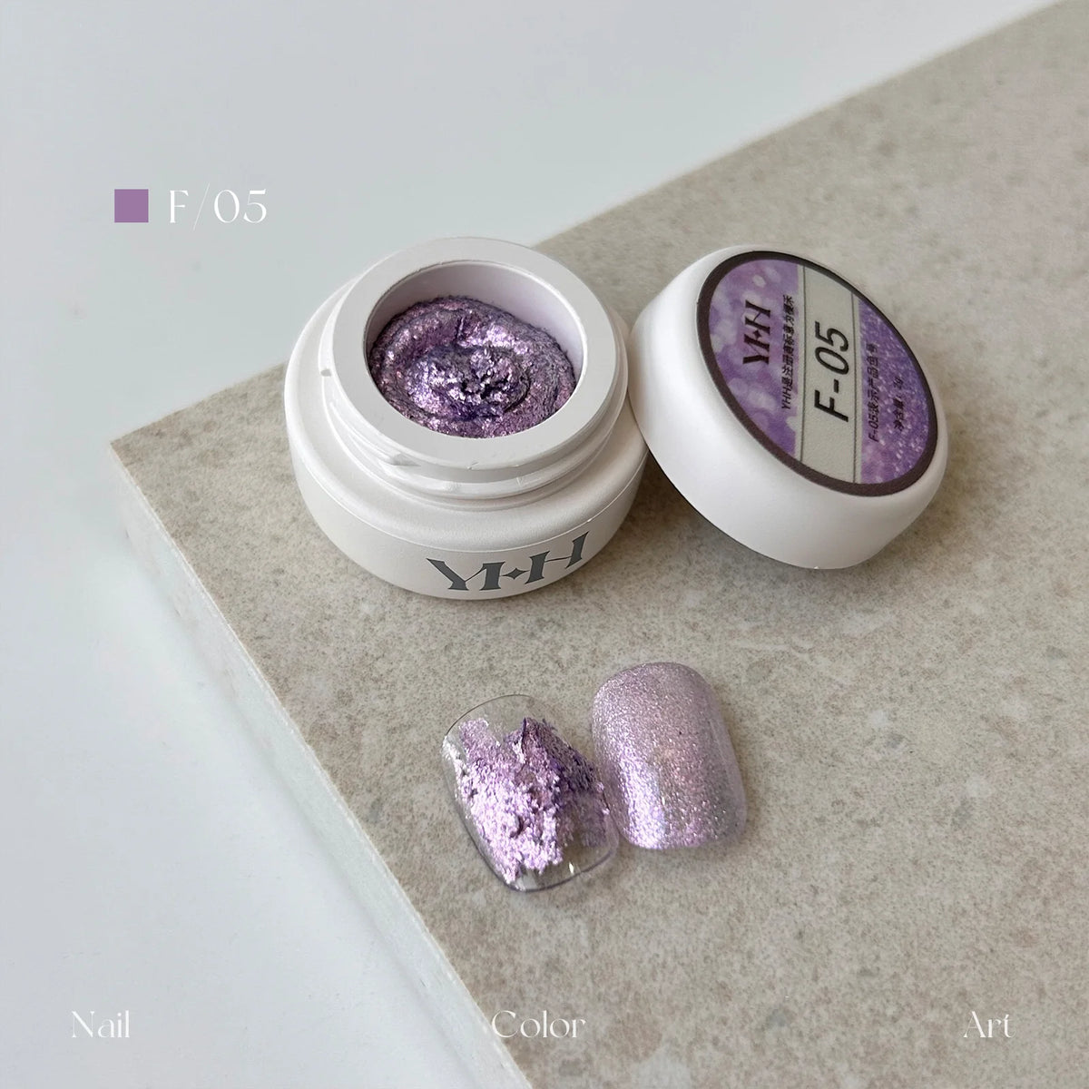YHH fairy powder sculpting paste F05 Lavender Opal jar with swatch nails