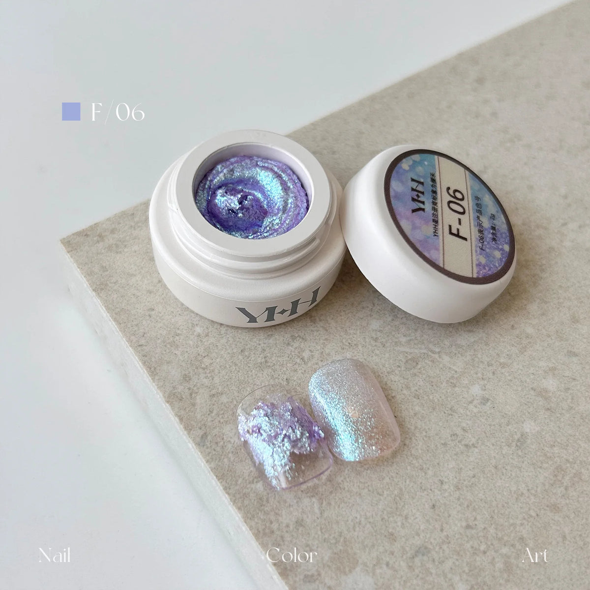 YHH fairy powder sculpting paste F06 Periwinkle Opal jar with swatch nails